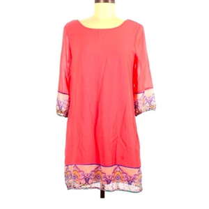 Pink Owl M retro boho pink pattern hem scoop neck cut out back shift dress